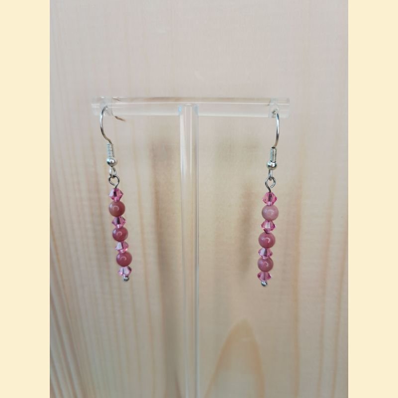 Boucles d'oreilles Chute de pierre et de cristal rhodonite